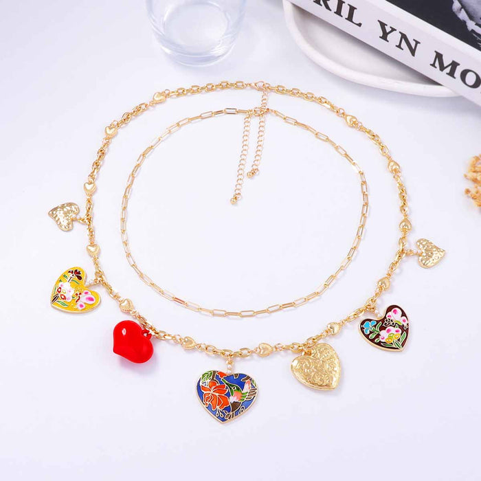 Wholesale Alloy Dropping Oil Multi-love Pendant Double-layer Stacked Chain Women's Necklace