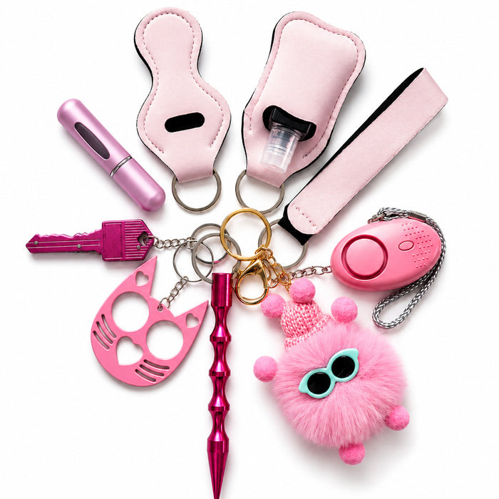 Wholesale Ladies Safety Keychain Set With Neoprene Storage Pouch 10 Piece Red Trendy Car Key Accessory