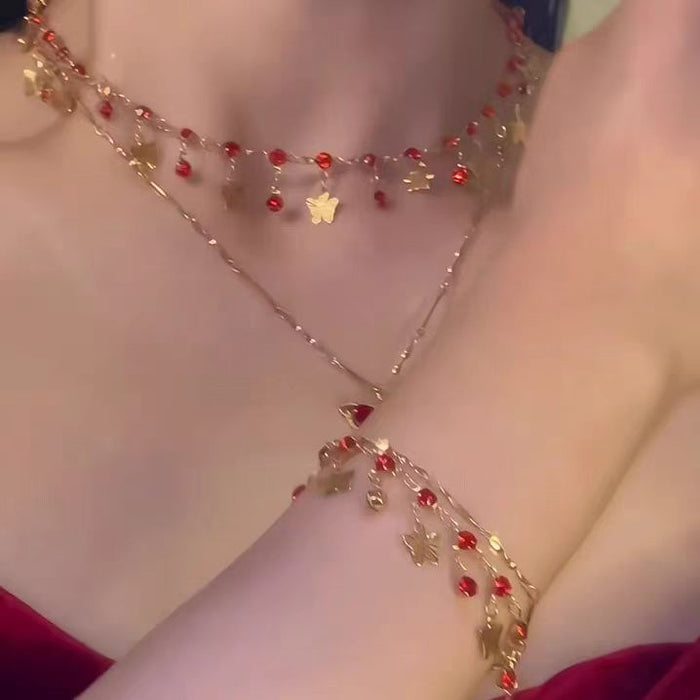 Wholesale Fashionable crystal tassel double-layer necklace, niche design, versatile butterfly pendant, collarbone chain