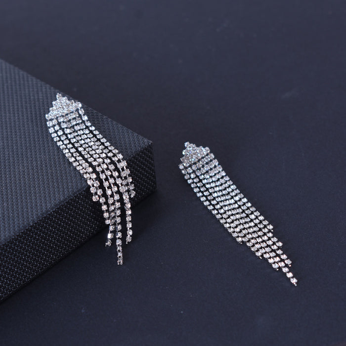 Wholesale Jewelry Bride Super Flash Exaggerated Earrings Geometric Diamond Rhinestone Long Tassel Women's Banquet Earrings