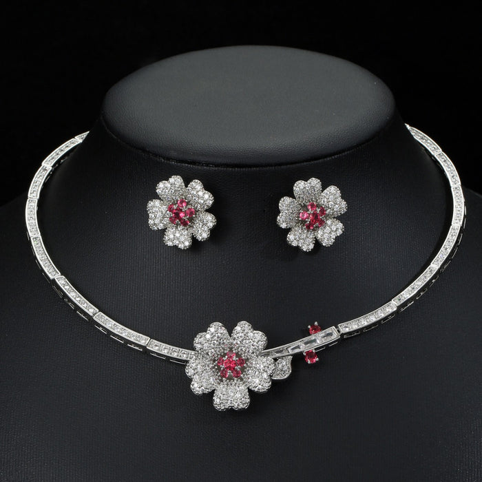 Wholesale Fashion Simple Camellia Zircon Jewelry suit Earrings Necklace suit Accessories