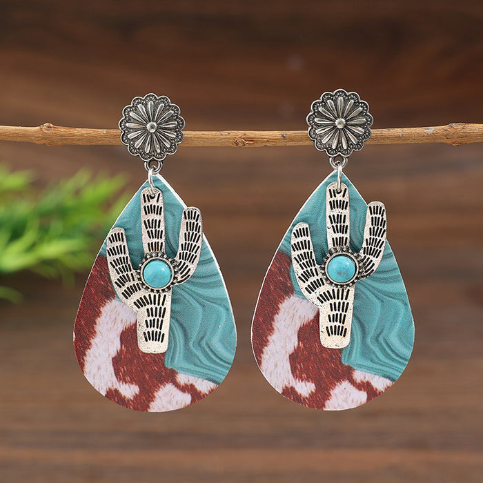 Wholesale Western style retro water droplet shaped printed pattern splicing cactus leather earrings and earrings