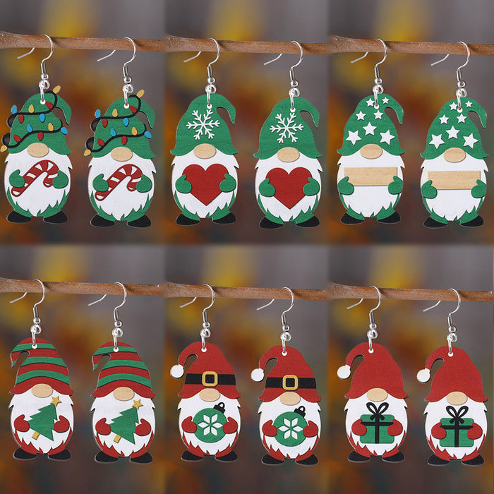 Wholesale Christmas Cute Dwarf Christmas Tree Pendant Earrings Wooden Double-sided Earrings Christmas Gift