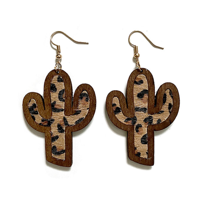 Wholesale Wood earrings dairy cow print leopard print leather horse hair inlaid cactus earrings