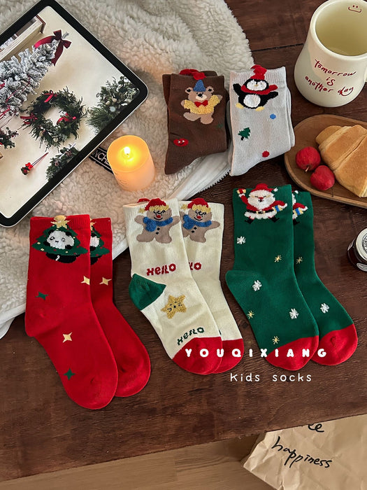 Wholesale Children' s cartoon-patterned red mid-calf socks,  perfect for Christmas and New Year.