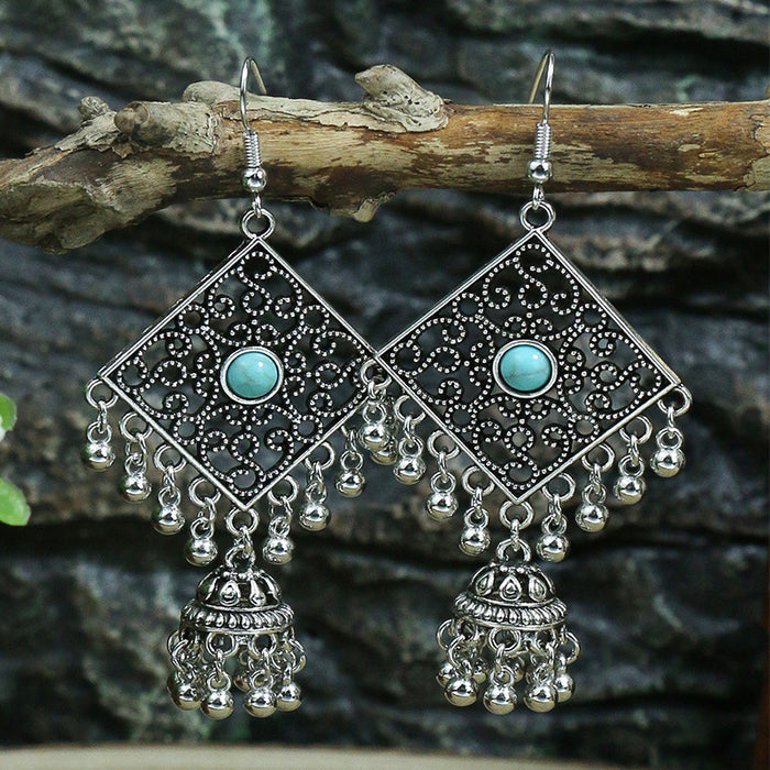 Wholesale Exquisite earrings inlaid with turquoise, women's retro alloy bells, versatile and beautiful earrings