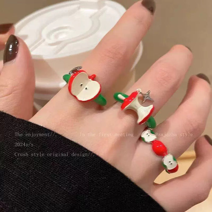 Wholesale Sweet and lovely sliced red and green apple ring, niche design, personalized and versatile ring