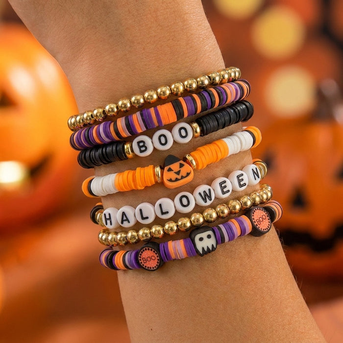 Wholesale Alloy Bracelet Set - 7pcs Funny Pumpkin Bat Beaded Bracelets