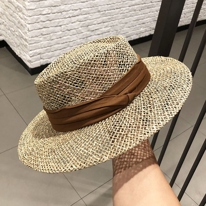 Wholesale Flat-Top Hat for Women Style British Fashion Travel Vacation Hollow Sun Hat