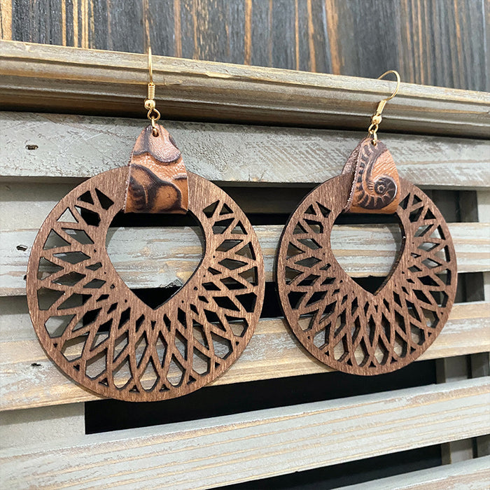 Wholesale Retro wooden earrings hollow Mandala exaggerated texture earrings