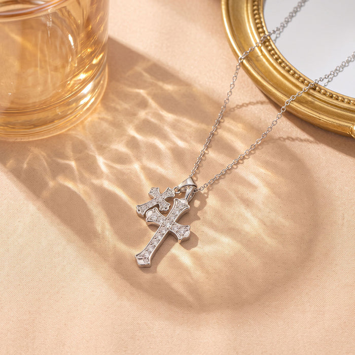 Wholesale Stylish Titanium Steel Double Cross Necklace Gold Plated Zircon Inlaid Boutique Jewelry Accessory MOQ≥2