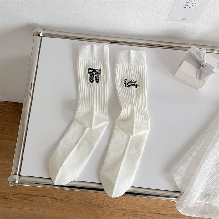 Wholesale Pile up socks, bow embroidery, mid length socks, embroidered cotton socks