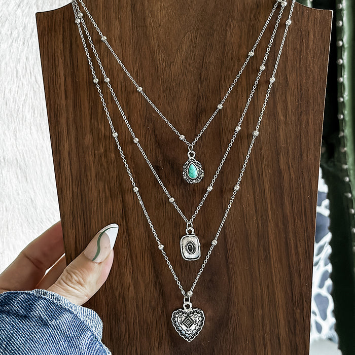 Wholesale Western Denim Style Hat Turquoise Multi-layer Necklace Women' s Vintage Flower Plate All-match Necklace