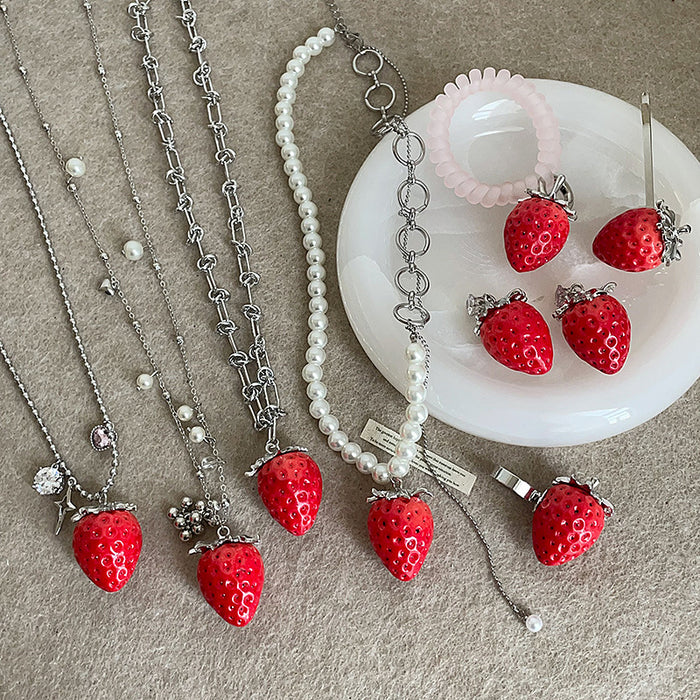 Wholesale Cute Red Realistic Strawberry long Necklace/Earrings