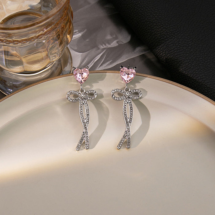 Wholesale Silver needle sweet pink heart earrings simple micro-inlaid zircon pearl earrings bow earrings