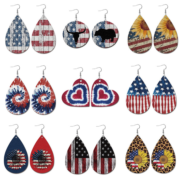 Wholesale Independence Day leather earrings Classic water drop American flag distressed earrings holiday tie-dyed patriotic earrings
