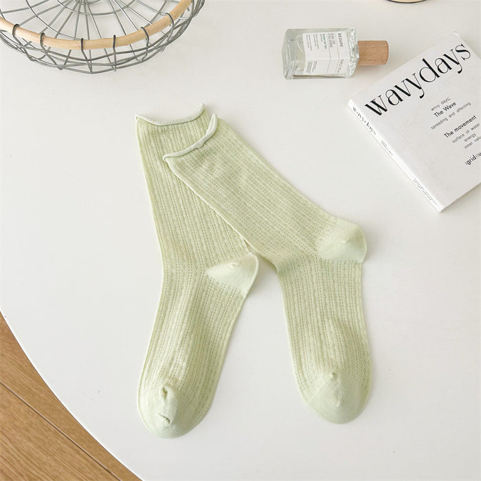 Wholesale Thin socks, children's summer hollow mesh pile socks, rolled edge socks, solid color mid tube socks