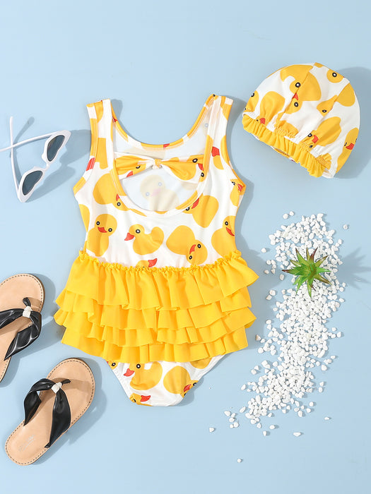 Wholesale Children's one-piece swimsuit, girl's yellow duck, baby girl's one-piece swimsuit, beach quick drying skirt