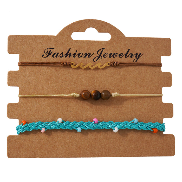 Wholesale Trendy Summer Resort Layered Bracelet In Blue Handmade Tiger Eye Stone With Metal Wave Unisex Gift
