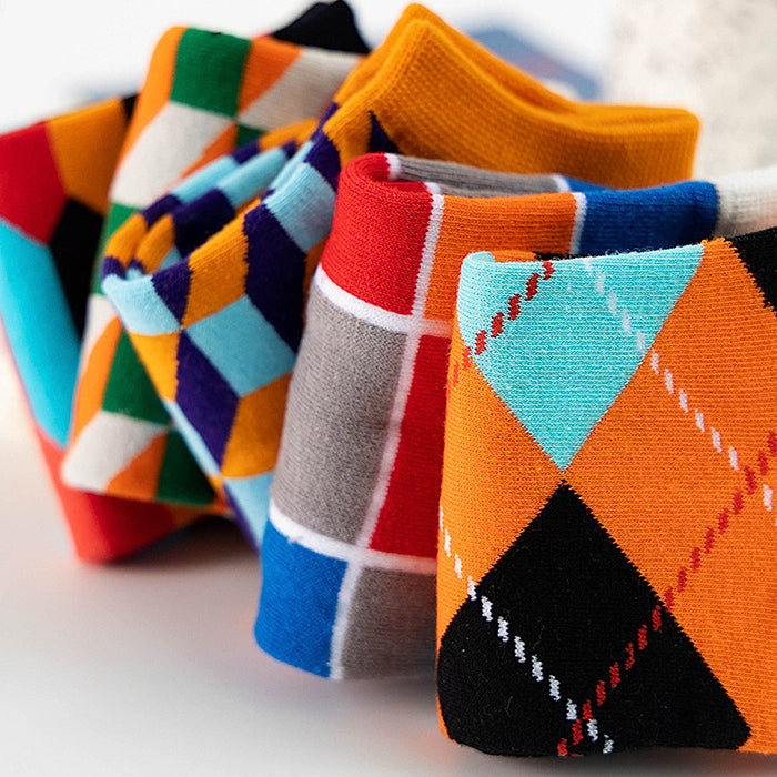 Wholesale Spring Summer Unisex Couple Geometric Colored Socks Cotton Men's Boat Socks Plaid Diamond Grid JDC-SK-CG001