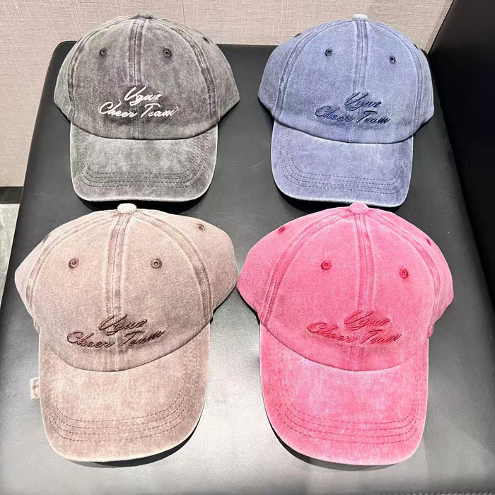 Letter Embroidery Washed Baseball Cap Spring Summer Large Head Circumference Trendy Denim Duckbill Cap Wide Brim Face-Slimming Hat