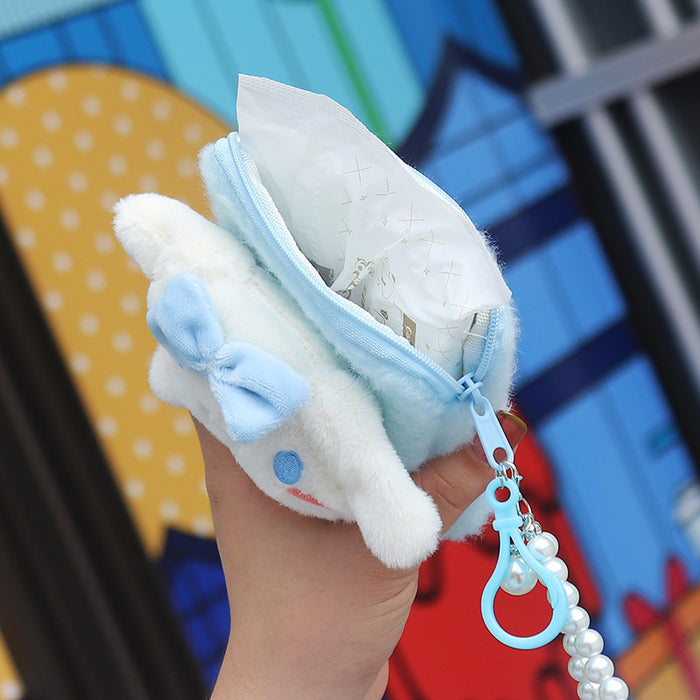 Wholesale Trendy Plush Animal Head Zipper Coin Purse With Beaded Wrist Strap Cute Gift