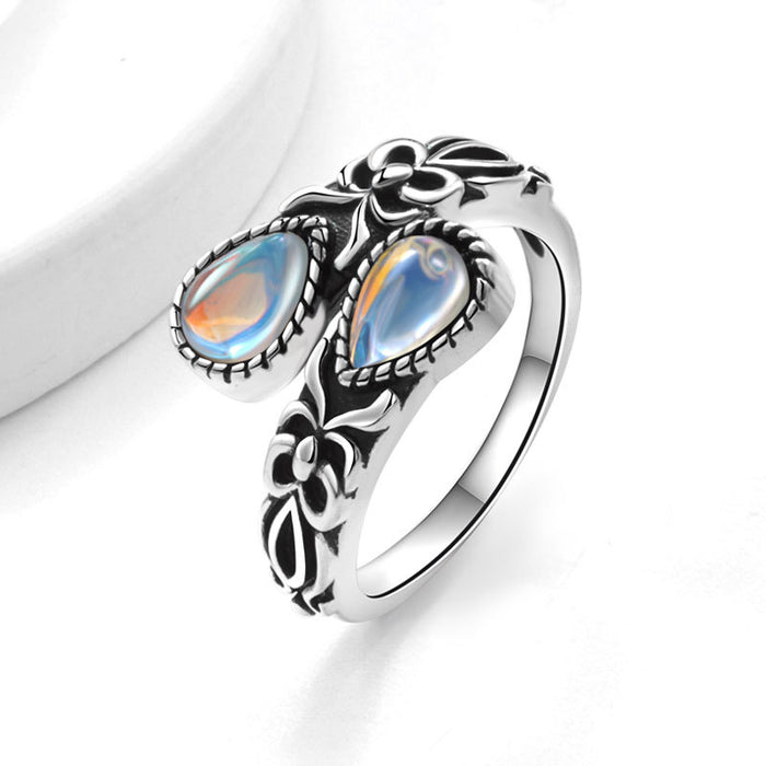 Wholesale Vintage Bohemian Copper Moonstone Ring Open Adjustable Spoon Bow Design Thai Silver Tone Women S Fashion Jewelry Accessory