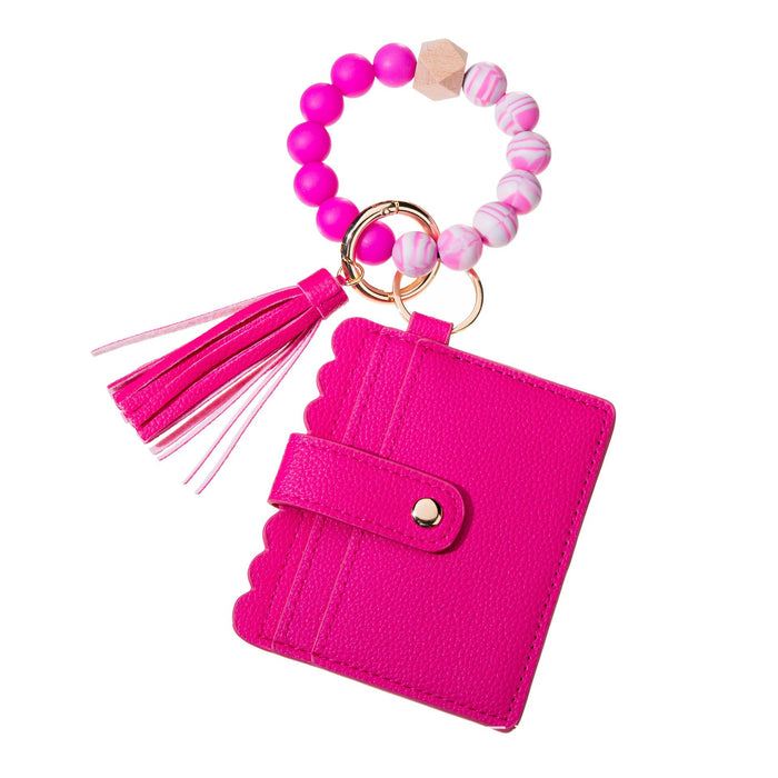 Wholesale Silicone bead bracelet sports keychain pu leather card bag tassel pendant magic wrist bracelet key ring