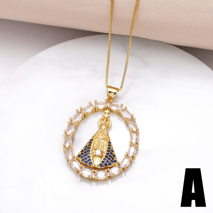 Wholesale Jewelry Cross Our Lady Pendant Necklace Gold Plated Zircon Clavicle Chain