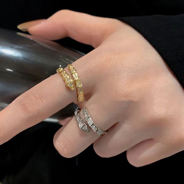 Wholesale Full diamond opening snake shaped ring, female fashion personality, niche design, light luxury, cold wind, snake bone ring