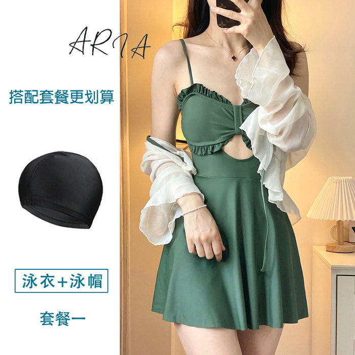 Wholesale New one-piece conservative skirt style avocado green high-end and sexy hot spring swimsuit