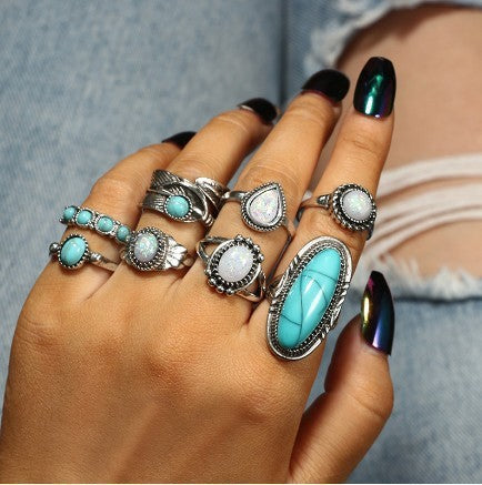 Wholesale Turquoise Carved Feather Ring Set