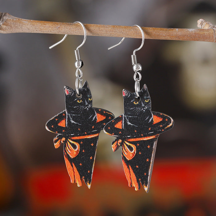 Wholesale  Angel Kitten Black Cat Pendant Earrings Wooden Gothic Double-sided Ear Jewelry