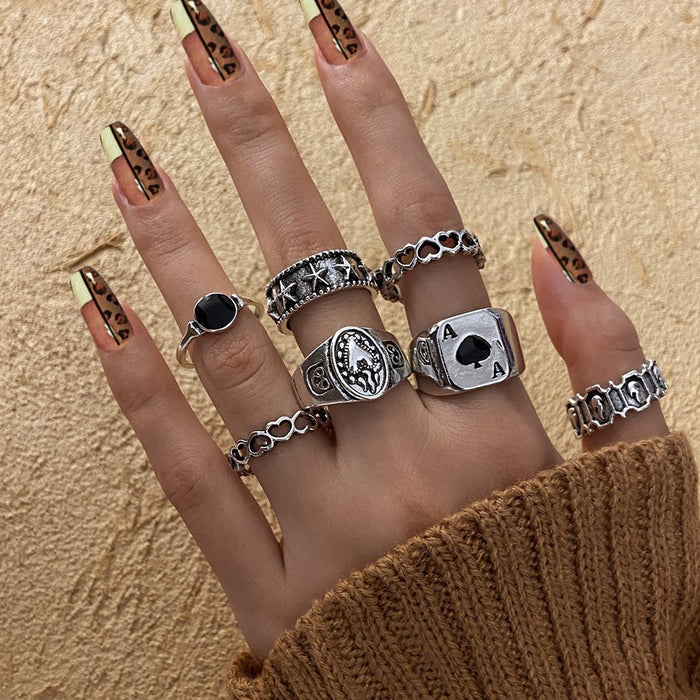 Wholesale Dark Retro Creative Spades a Card Ring Five-Piece Set Women' s Personalized Hand Accessories National Show Aliexpress Hot Selling