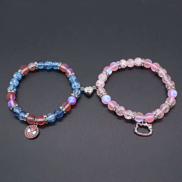 Wholesale beaded  and cat love magnetic couple elastic bracelet imitation moonstone