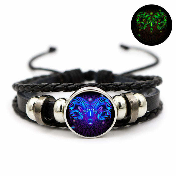 Wholesale Twelve Zodiac Luminous Retro Leather Bracelet Simple Glowing Wristband