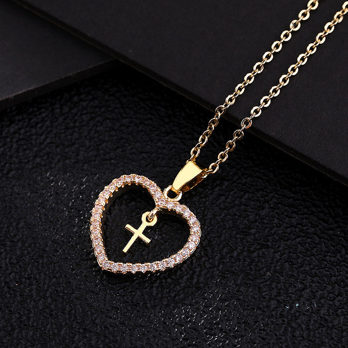 Wholesale  Jewelry Micro-inlaid Color Zircon Geometric Cross Pendant Heart-shaped Necklace