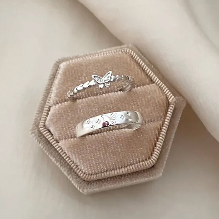 Wholesale Butterfly Zircon Ring Couple Set Simple, Fashionable, Versatile Handpiece with Adjustable Opening and Accessory Ring