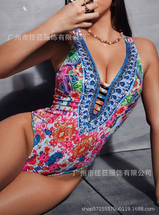 Wholesale New swimsuit one-piece swimsuit women's strap print backless V-neck sexy bikini
