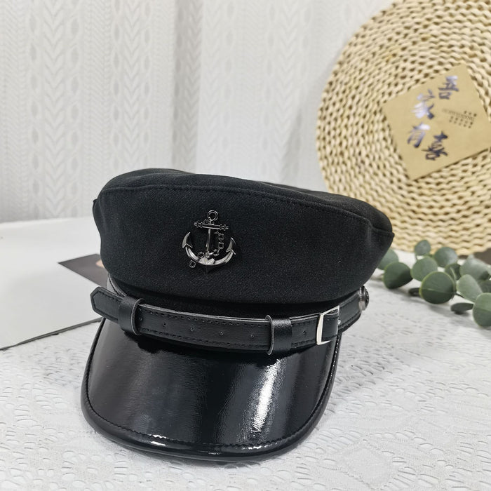 Wholesale New woolen octagonal hat women's belt buckle boat anchor flat top hat shiny leather wide brim versatile navy hat