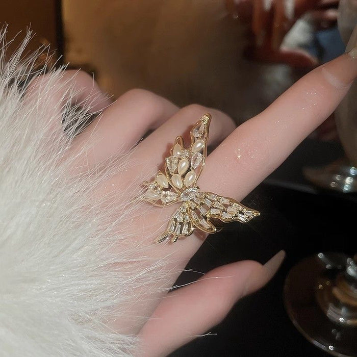 Wholesale Light luxury zircon butterfly pearl open ring with high-end temperament, index finger ring, fashionable and versatile ring accessories