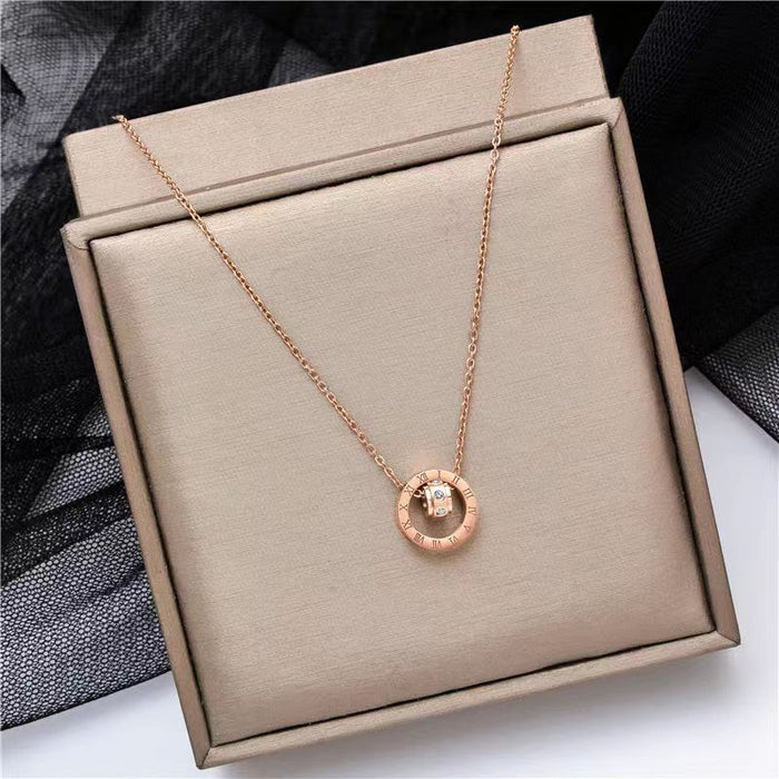 Wholesale 2pcs Titanium Steel Double Ring Diamond Pendant Necklace JDC-NE-XinLong011