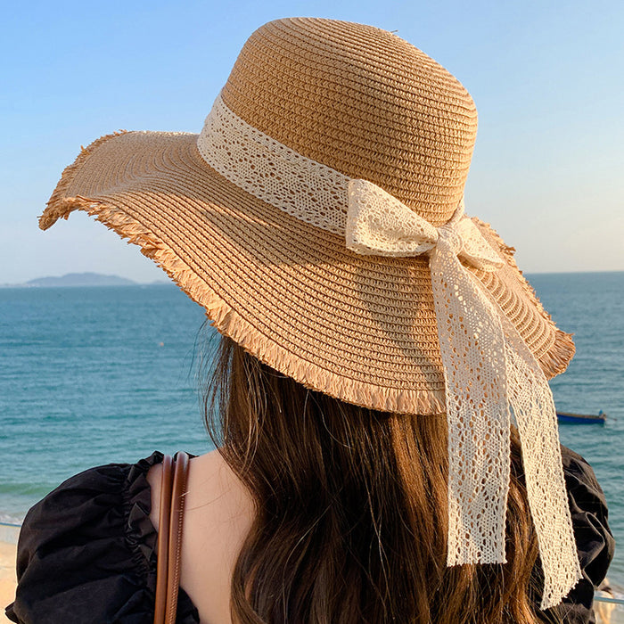 Wholesale Big bow hat for sun protection, fashionable and sweet temperament, large brim sun hat, outdoor sun hat