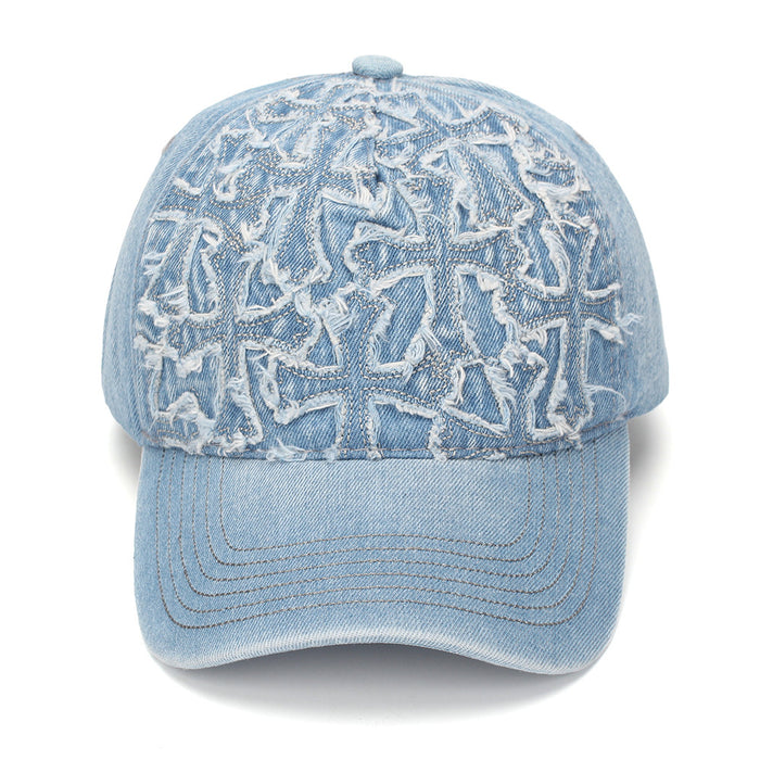 Wholesale Stylish Women' s Soft Top Washed Denim Baseball Cap with Cross Embroidery Sun Protection Hat