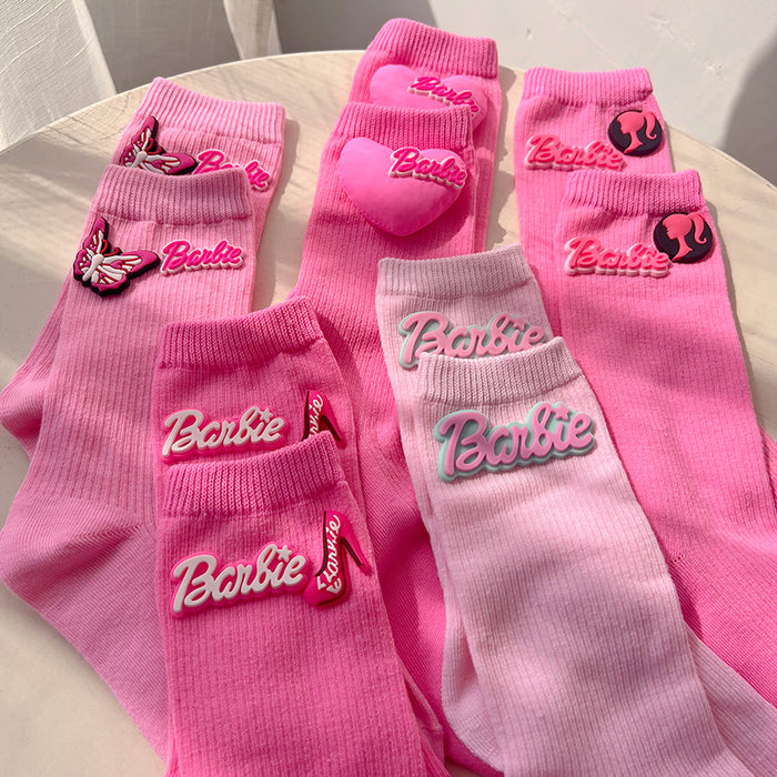 Wholesale Pink 3D padded heart-shaped knit mid-calf socks