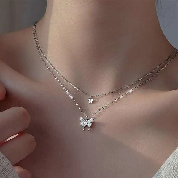 Wholesale Diamond studded bow pendant, water wave chain necklace, simple accessory, double-layer layered collarbone chain
