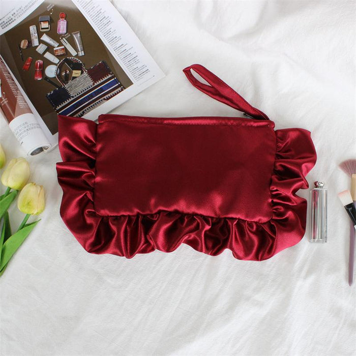 Wholesale Stylish Satin Finish Ruffle Trim Clutch Handbag Wine Red Polyester Small Evening Purse For Women Zipper Closure Party Bag