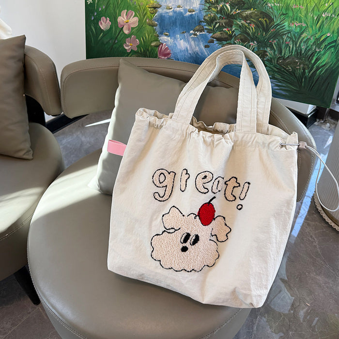Wholesale New cartoon embroidery drawstring shoulder bag, casual canvas bag, large capacity commuting bag