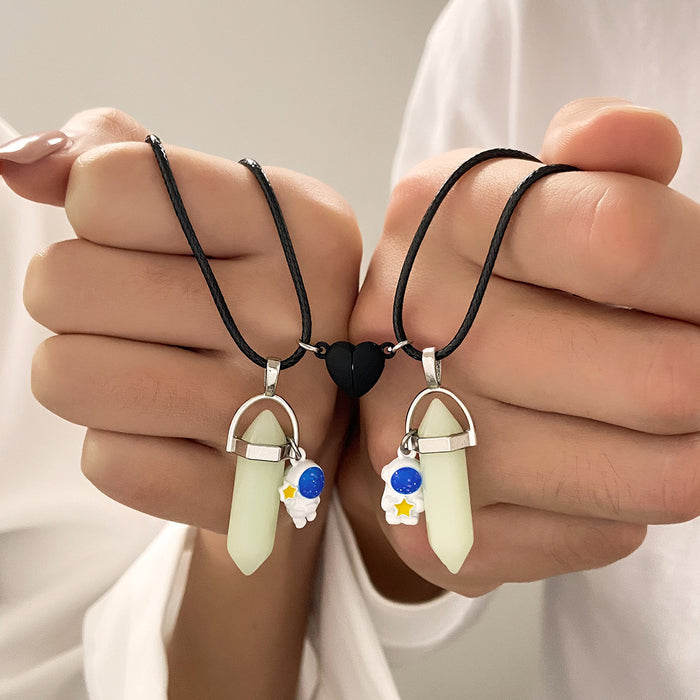 Wholesale Luminous hexagonal pillar pendant, astronaut heart magnetic buckle leather rope, star picking necklace