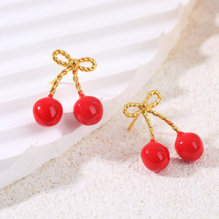 Wholesale Oil Drop Cherry Bow Earrings Cute Heart Elegant Personalized Design Earrings
